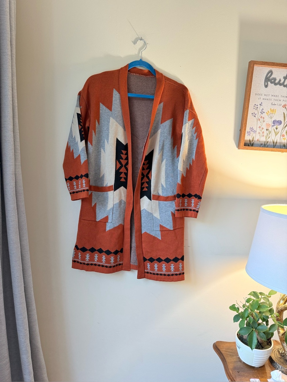 Aztec Pattern Open-Front Cardigan Sweater - Rust M